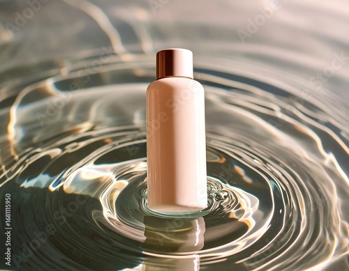 Minimalist peach colored bottle with rose gold cap resting in clear water with ripples