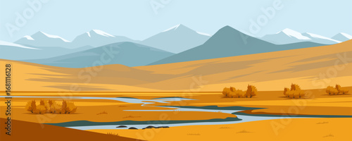 Beautiful landscape of steppe and mountains. Stunning yellow steppe with river and amazing mountains. Vector illustration of mountains and steppe landscape for background and design.