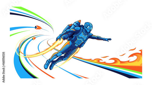 Soaring Success: A dynamic cartoon character with a vibrant jetpack bursts through colorful energy streaks, symbolizing high-speed progress and innovative design.