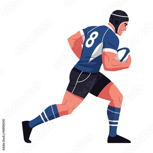 Dynamic Rugby Player in Action: Capturing the raw energy of a rugby player in full stride, poised to make a crucial play, embodying athleticism and competitive spirit.