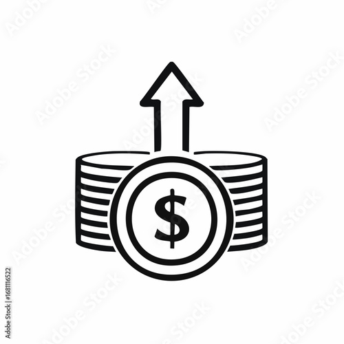 Simple line icon of a dollar coin stack with an upward arrow, representing financial growth, increased profit, revenue boost, and successful investment