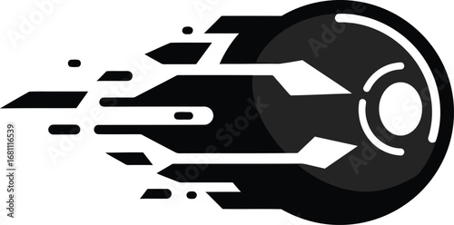 A black and white graphic of a disc with motion lines suggesting speed and technology concept art