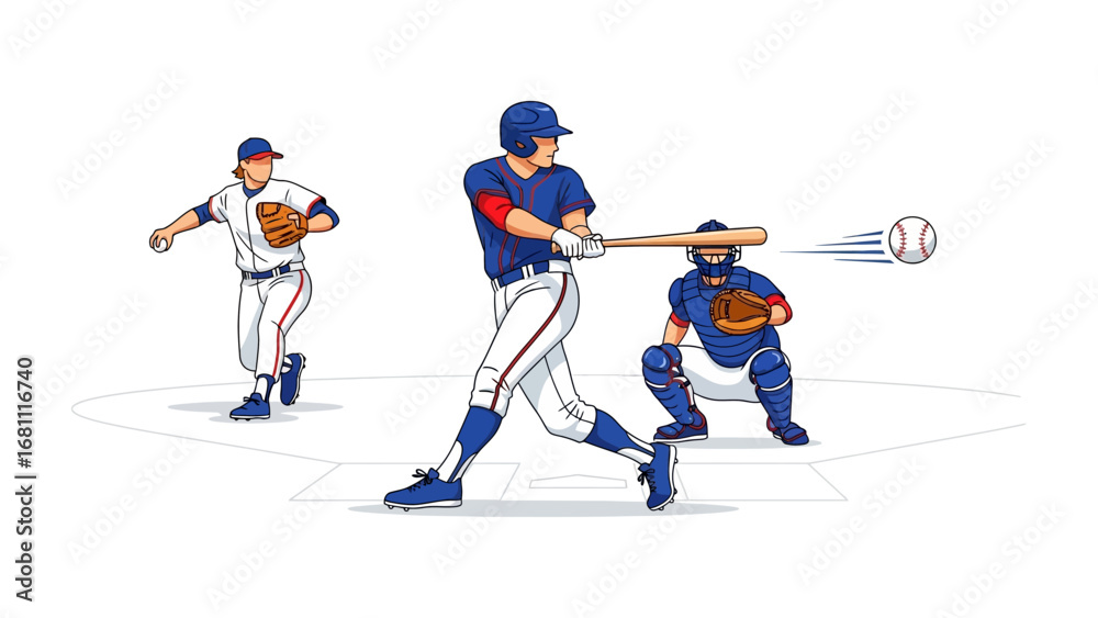 Fototapeta premium Baseball Game in Action: A dynamic baseball scene, capturing the essence of competition, featuring a batter swinging for a hit, pitcher preparing to throw, and catcher ready to catch. 