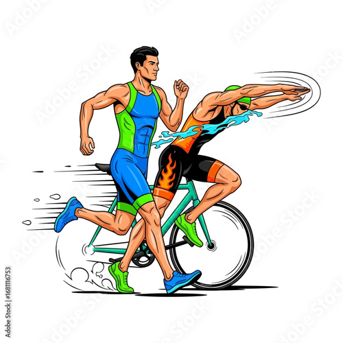 Triathlon Athlete’s: dynamic action image showcasing the thrill of a triathlon competition with runner ,cyclist, and swimmer , embodying determination and strength.