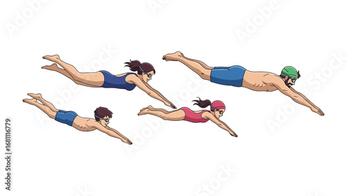 Swimming Dreams: A family gracefully dives into the ocean, a moment of aquatic grace, their bodies stretched in a fluid line of motion, illustrating the thrill of water activities.