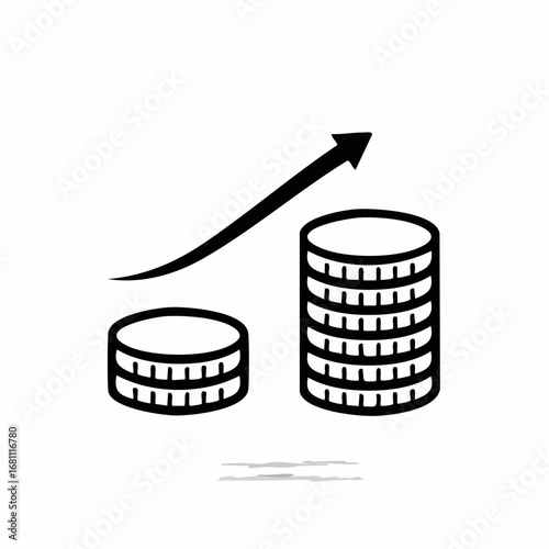 Financial growth concept illustrated with increasing stacks of coins and an upward arrow, symbolizing profit, investment success, and wealth accumulation