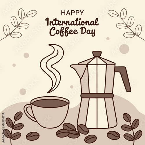 Steaming cup next to moka pot celebrates International Coffee Day on beige background