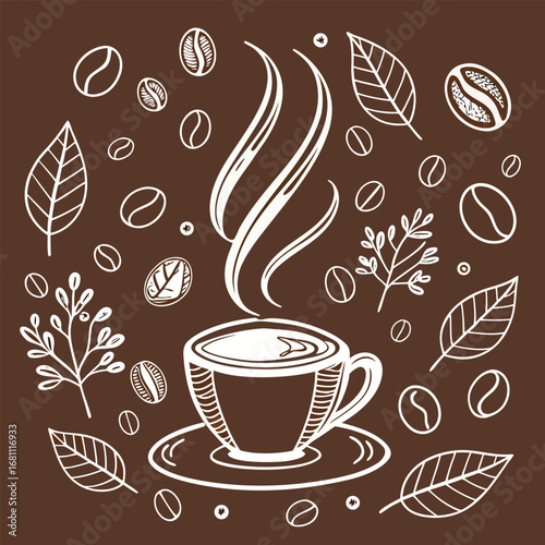 Steaming cup of coffee is centered among leaves and beans in a brown background