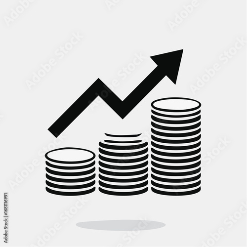 Vector icon illustrating financial growth with increasing stacks of coins and an upward arrow, symbolizing business success, profit, and investment returns