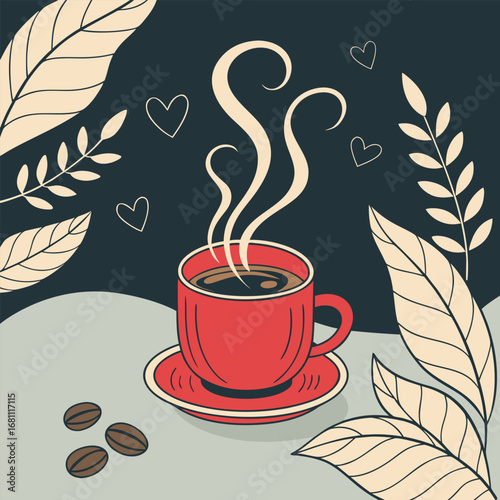 Stylized red coffee cup with steaming coffee surrounded by leaves and hearts on dark backdrop