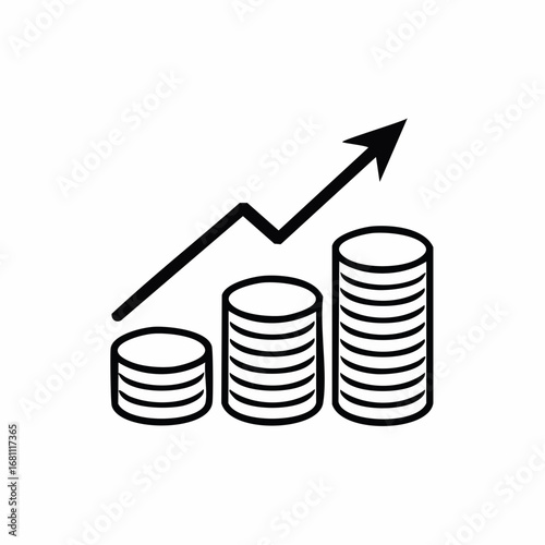 Financial growth chart icon with rising coin stacks and an upward trend arrow, symbolizing investment return, revenue increase, and economic success