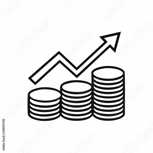 Vector graphic illustrating increasing stacks of coins with a rising arrow, representing financial growth, investment, and business profit