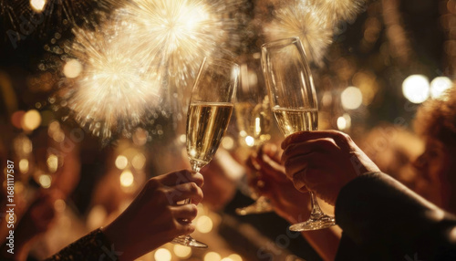 Close-up of people clinking champagne glasses with golden fireworks in background, elegant New Year’s Eve holiday celebration