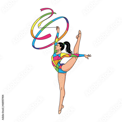 Graceful Rhythm: A female gymnast, in a vibrant leotard, executes a stunning routine with a flowing ribbon, showcasing athleticism and artistic skill. 