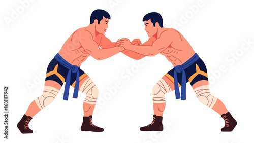 Wrestlers in Action: Two athletes engage in a dynamic display of strength and skill, ready to showcase their prowess and pursue victory in this competitive arena.