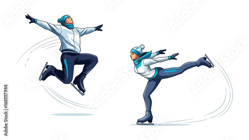 Graceful Ice Dance: Dynamic illustrations capture the poise and artistry of figure skating, showcasing the elegance of athletes as they leap and glide across the ice.