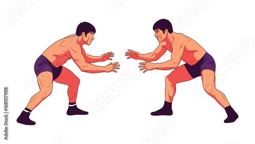 Wrestling Competition: Two wrestlers, poised and focused, face each other in a high-intensity moment of athletic contest. They represent the dedication and strength of competition and sportmanship.
