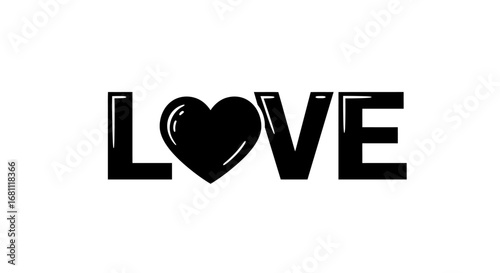 Bold black lettering spells out the word love with a stylized heart replacing the letter o