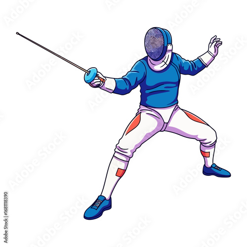 Fencer in Action: A skilled fencer, poised in dynamic action, brandishing their foil with precision and grace, embodies the art of fencing, emphasizing movement, competition, and athleticism. 