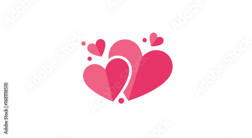 Three overlapping romantic pink hearts with smaller hearts floating around creating a love symbol