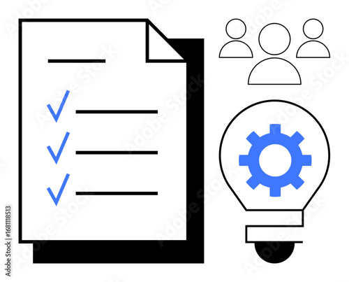 Document with checkmarks, lightbulb with gear representing ideas, and group of people icons. Ideal for teamwork, planning, innovation, brainstorming, project management, productivity or workflow
