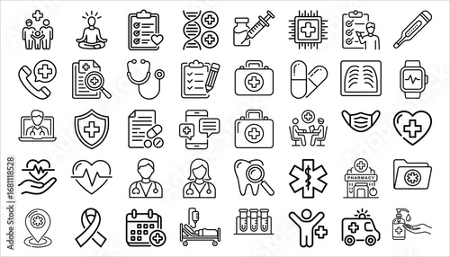 Medical and Healthcare Icons Set Hospital, Doctor, Medicine, Pharmacy, Telehealth, Outline Vector Pack
