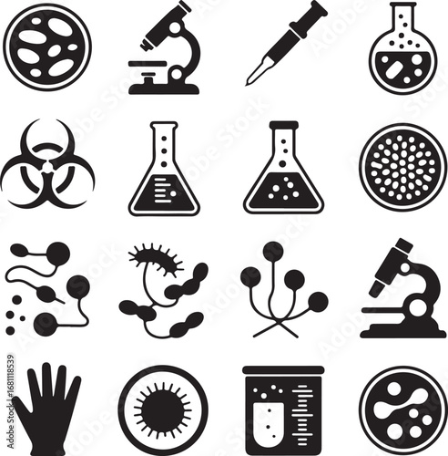 Scientific and medical research icons with microscope and cells Keywords: microscope, cell