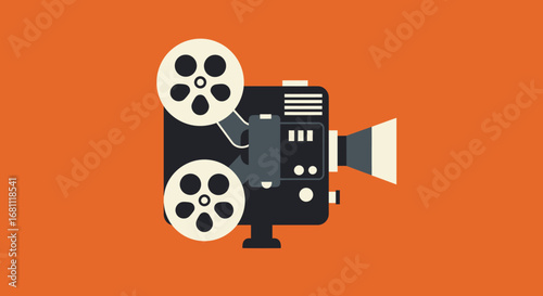 Retro vintage film projector with two spools of film on a vibrant orange background