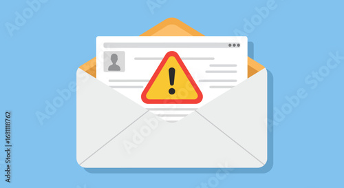 Open envelope with document and yellow warning sign showing exclamation mark on blue background