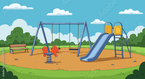 Vibrant cartoon illustration of a sunny park playground with swings slide and spring riders under blue sky