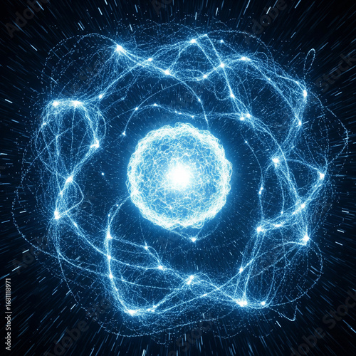 233.Cluster of glowing protons and neutrons in a dark vacuum background, surrounded by particle energy halos, holographic plasma waves, and abstract neon quantum visualization for scientific concept i