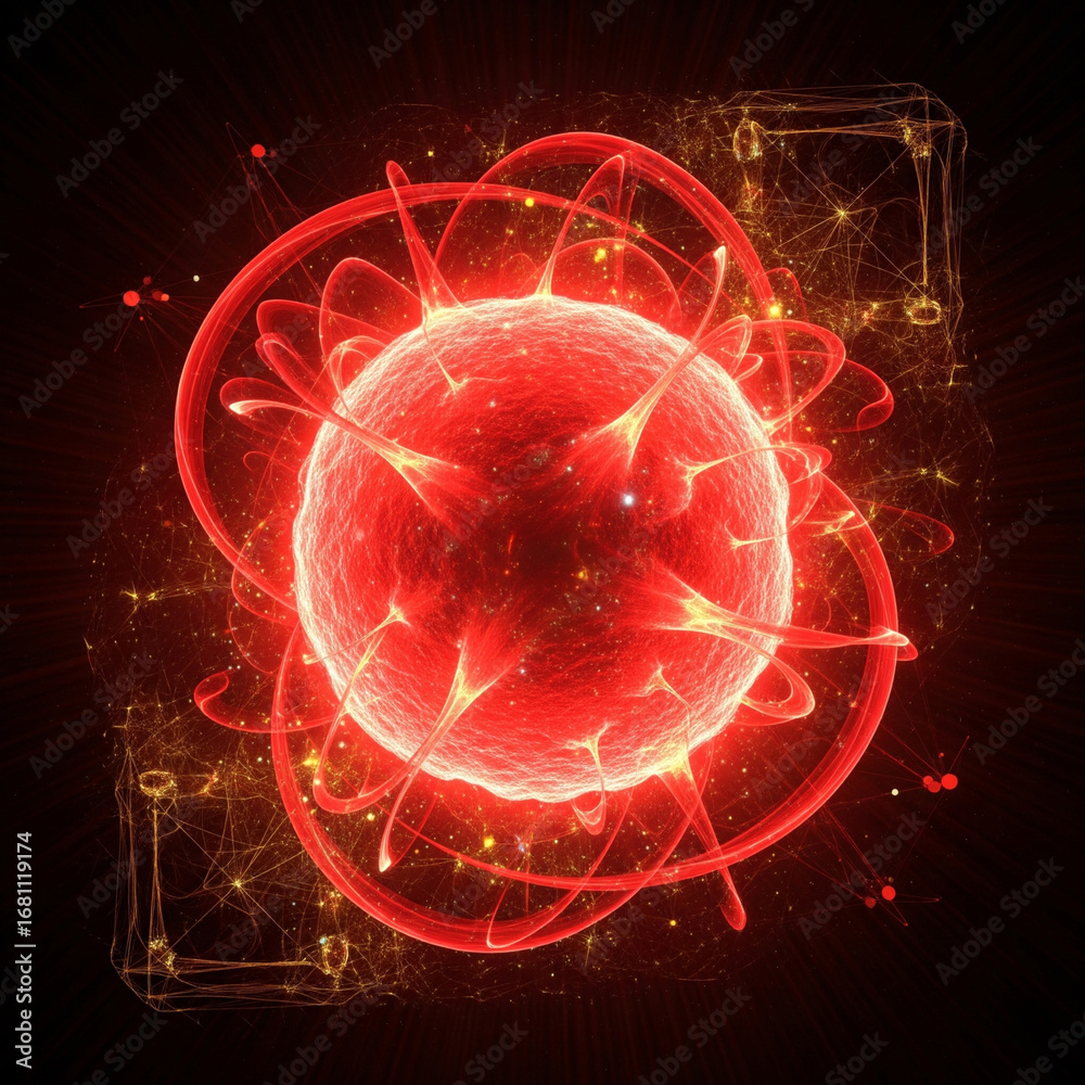 Fototapeta premium 234.Abstract high-energy particle art of a glowing red subatomic proton, surrounded by light trails, neon fractal bursts, and futuristic holographic plasma background, digital educational illustration