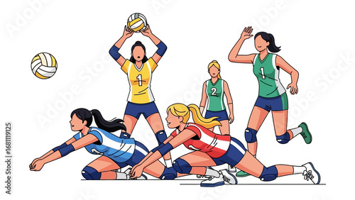 Volleyball Team in Action: A dynamic illustration capturing a team of dedicated volleyball players in a competitive rally, showcasing their focused movements and energetic spirit of teamwork.