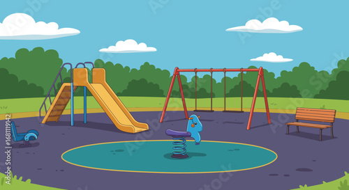 Vibrant cartoon playground scene with swings slide and spring riders under a blue sky with clouds