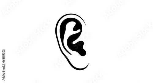 Simple black and white illustration of a human ear on a white background representing hearing and listening