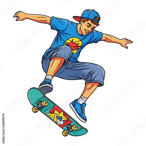 Skateboarder in Action: Energetic illustration captures the dynamic motion of a young skateboarder executing a thrilling stunt, embodying youth, athleticism, and the thrill of the sport.