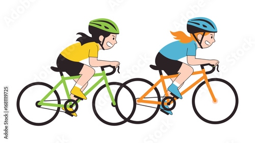 Cycling Friends Race: Two enthusiastic cyclists compete on vibrant bicycles. Capturing the dynamism and excitement of their cycling challenge
