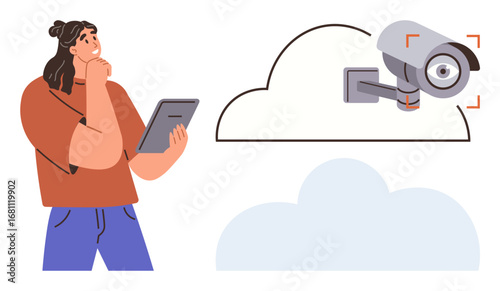 Woman holding tablet, thinking about cloud-linked surveillance camera. Ideal for security, technology, cloud storage, privacy, monitoring, data protection decision-making. Simple flat metaphor