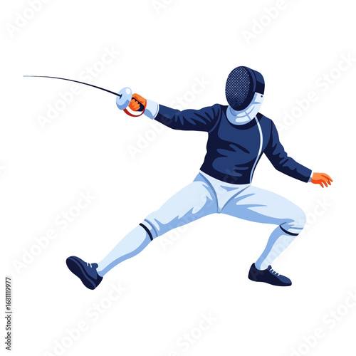 Fencing Duel: A dynamic illustration of a fencer in action, poised and ready with his weapon, set against a vibrant backdrop, embodying the spirit of competitive sport and the art of the foil.