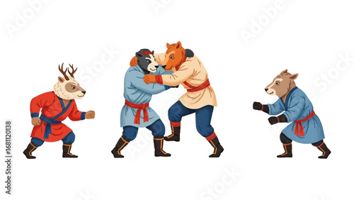 Animated Animalistic Clash: A dynamic illustration of anthropomorphic animals engaged in a martial arts demonstration, set against a plain backdrop, showcasing skillful movements and vivid colors.