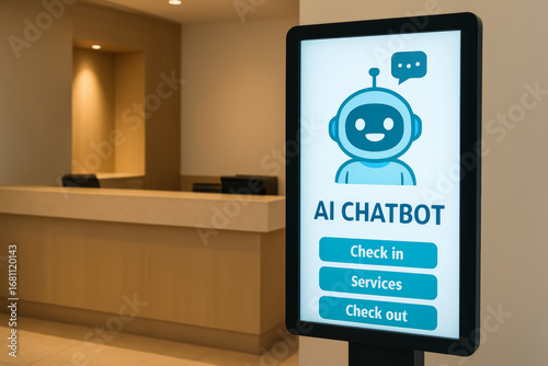 AI chatbot screen in hotel lobby showing ai replacing jobs with check in services and check out options for guests