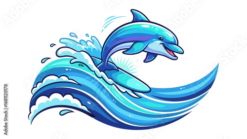 Joyful Dolphin Surfing: A playful dolphin glides gracefully through ocean waves, a vibrant illustration of marine wonder and coastal joy. Capturing the ocean and the pure joy