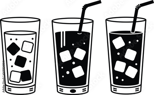 Three glasses of iced drinks with straws in black and white minimalist vector illustration style