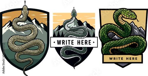 Collection of coiled viper illustrations on shields with mountain peaks, perfect for adventure and outdoor branding templates
