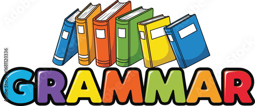 Colorful grammar books illustration, educational design, language learning concept, multicolored letters, school resources, vibrant bookshelf, study material, literacy tools