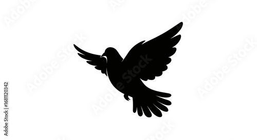 Silhouette of a black dove in flight with wings spread wide against a white background