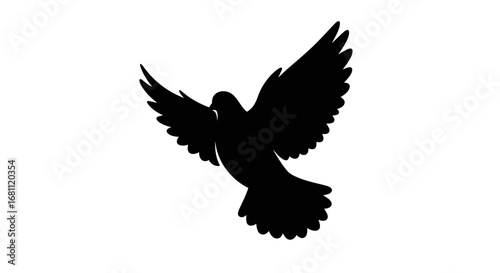 Silhouette of a majestic dove with outstretched wings in flight against a stark white background