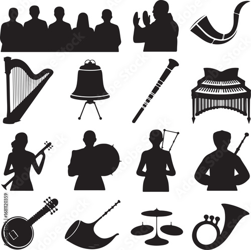 Collection of Musical Instruments and Silhouettes of Musicians harp bell