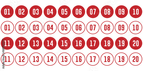 Bullet Points icon set in line style, Simple round numbers in flat style and line style. Set of 1-20 numbers  for apps and website, vector illustration.