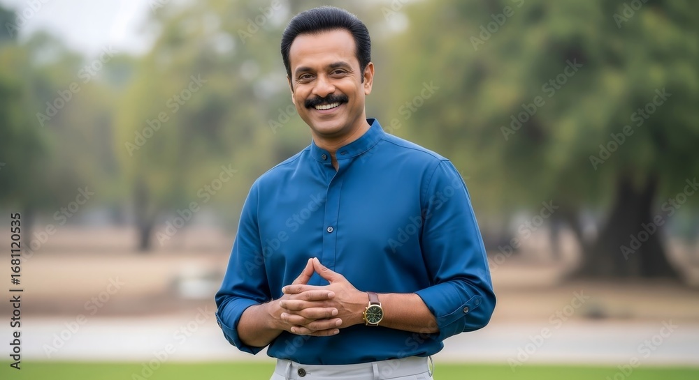 Fototapeta premium A man in a blue shirt smiling with his hands clasped together in a park setting with trees behind him